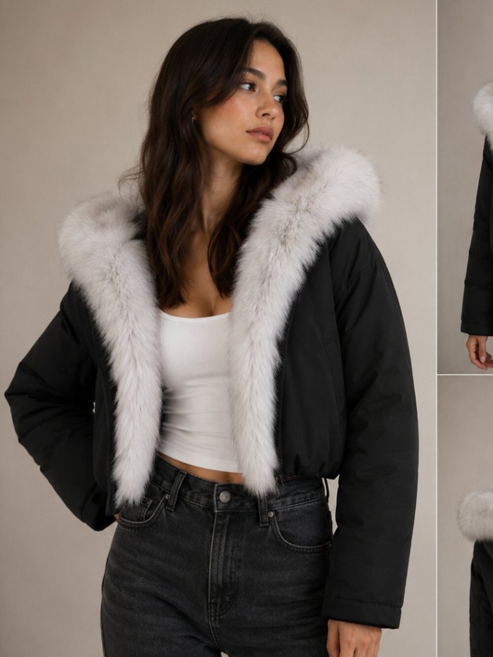 Black Short Outer Zipped Down Jacket Fox Fur Trim One Size (XS-S)